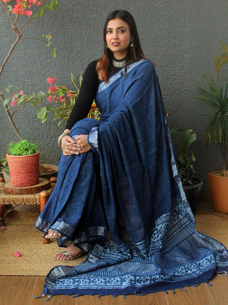 Akola Indigo Hand Block Printed Cotton Linen Saree