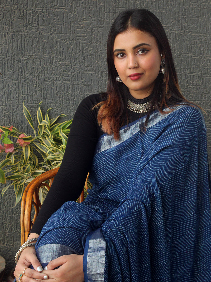 Akola Indigo Hand Block Printed Cotton Linen Saree