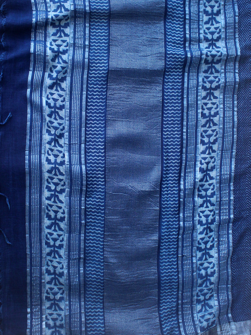 Akola Indigo Hand Block Printed Cotton Linen Saree