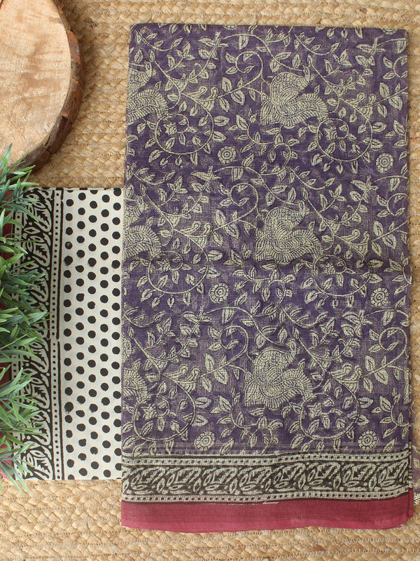 Purple Bagru Hand Block Printed Kota Doria Dress Material