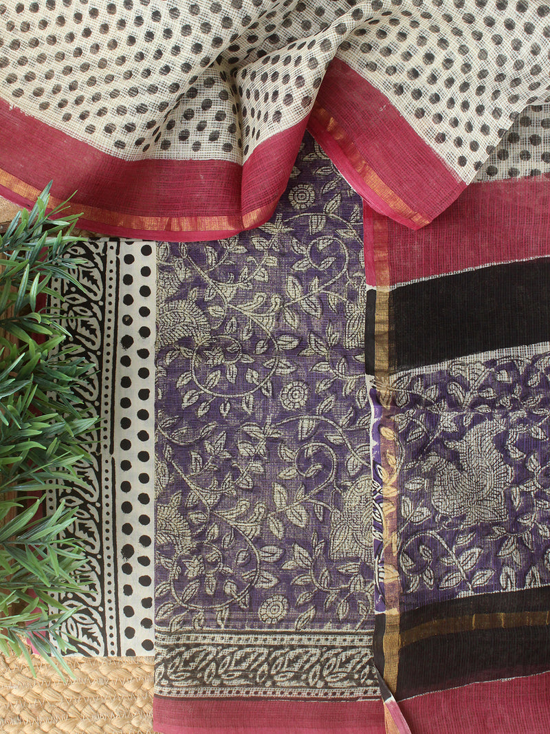 Purple Bagru Hand Block Printed Kota Doria Dress Material