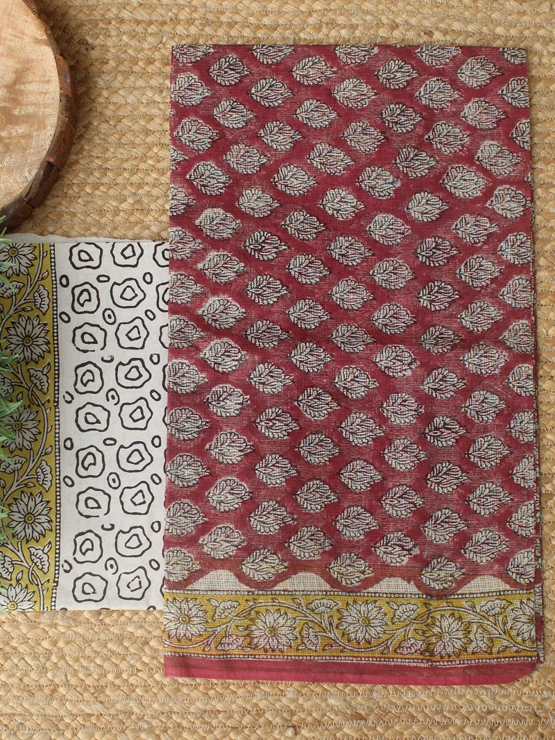 Maroon Bagru Hand Block Printed Kota Doria Dress Material