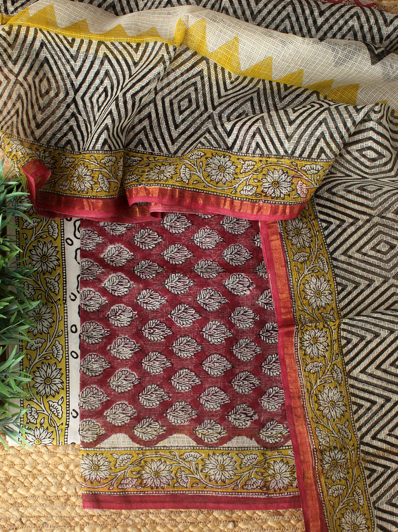 Maroon Bagru Hand Block Printed Kota Doria Dress Material