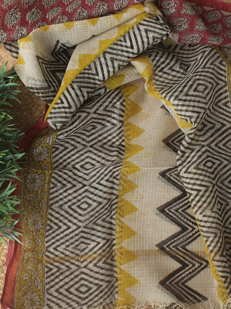 Maroon Bagru Hand Block Printed Kota Doria Dress Material