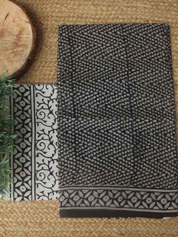 Black Bagru Hand Block Printed Kota Doria Dress Material