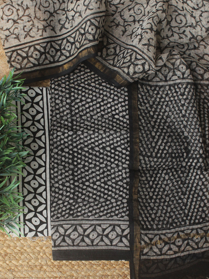 Black Bagru Hand Block Printed Kota Doria Dress Material