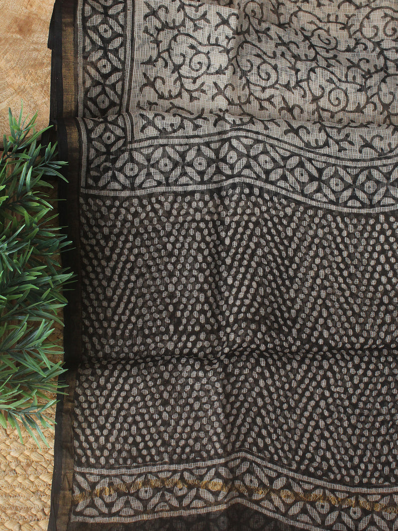 Black Bagru Hand Block Printed Kota Doria Dress Material
