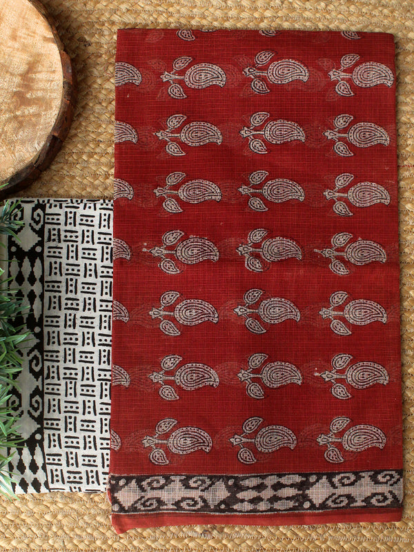 Maroon Bagru Hand Block Printed Kota Doria Dress Material