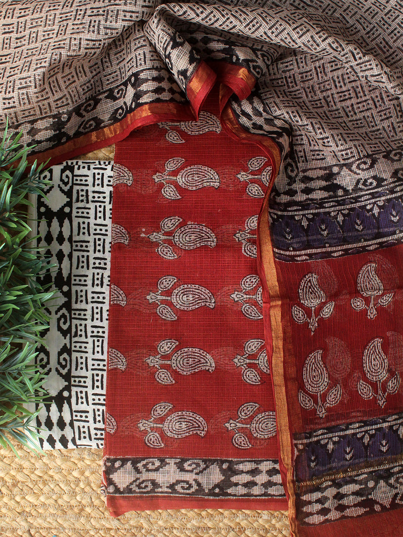 Maroon Bagru Hand Block Printed Kota Doria Dress Material