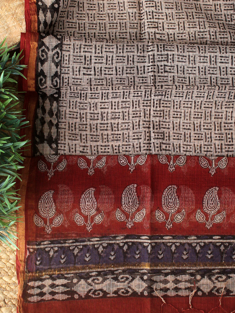 Maroon Bagru Hand Block Printed Kota Doria Dress Material
