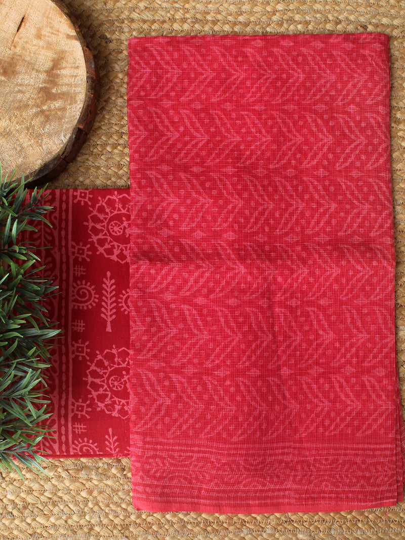Pinkish Red Bagru Hand Block Printed Kota Doria Dress Material