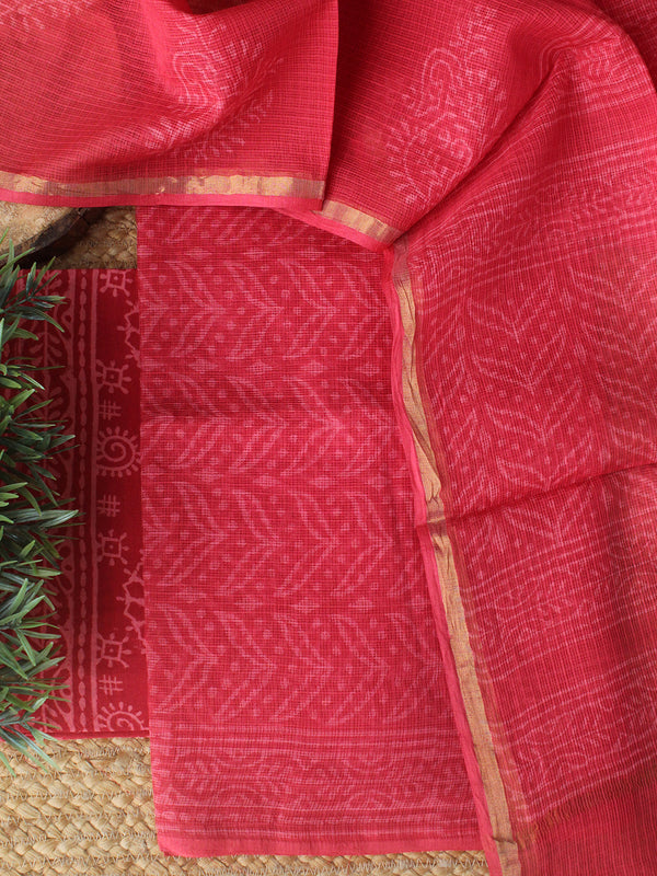 Pinkish Red Bagru Hand Block Printed Kota Doria Dress Material