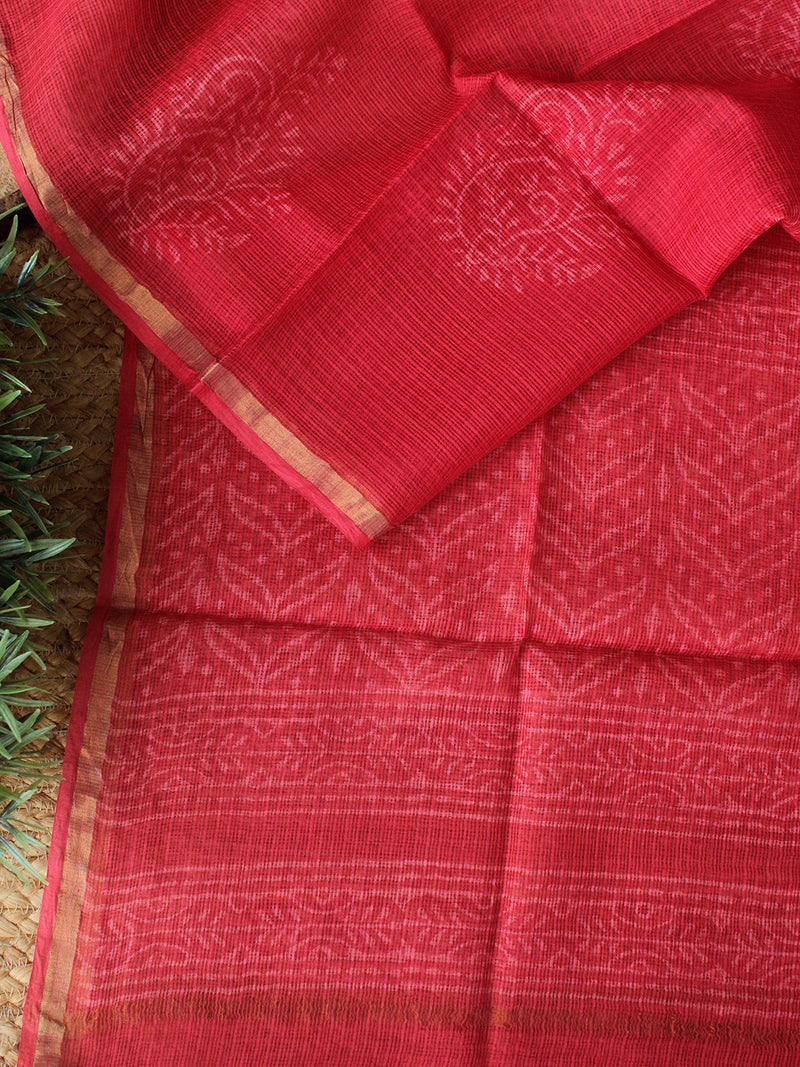 Pinkish Red Bagru Hand Block Printed Kota Doria Dress Material