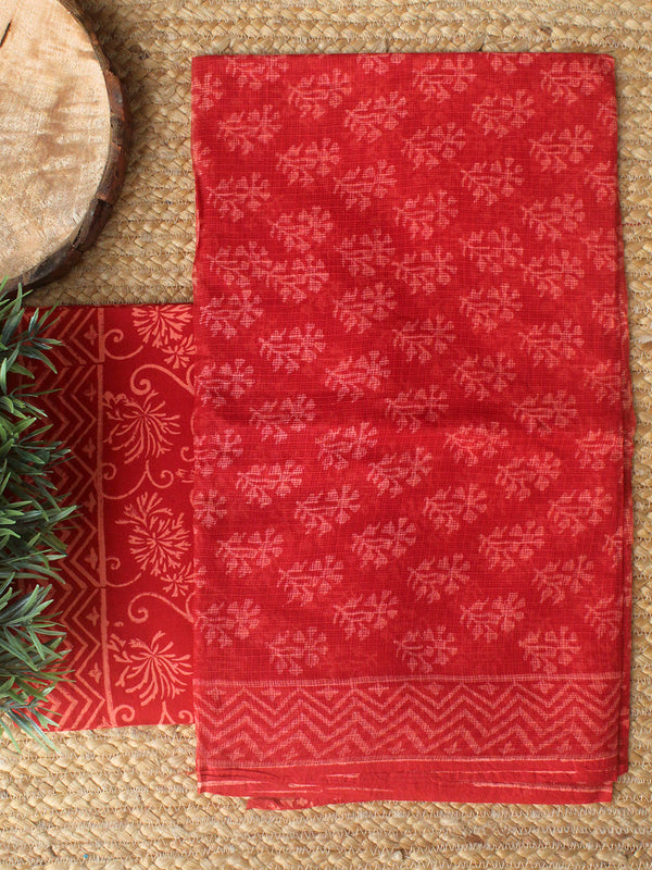 Red Bagru Hand Block Printed Kota Doria Dress Material
