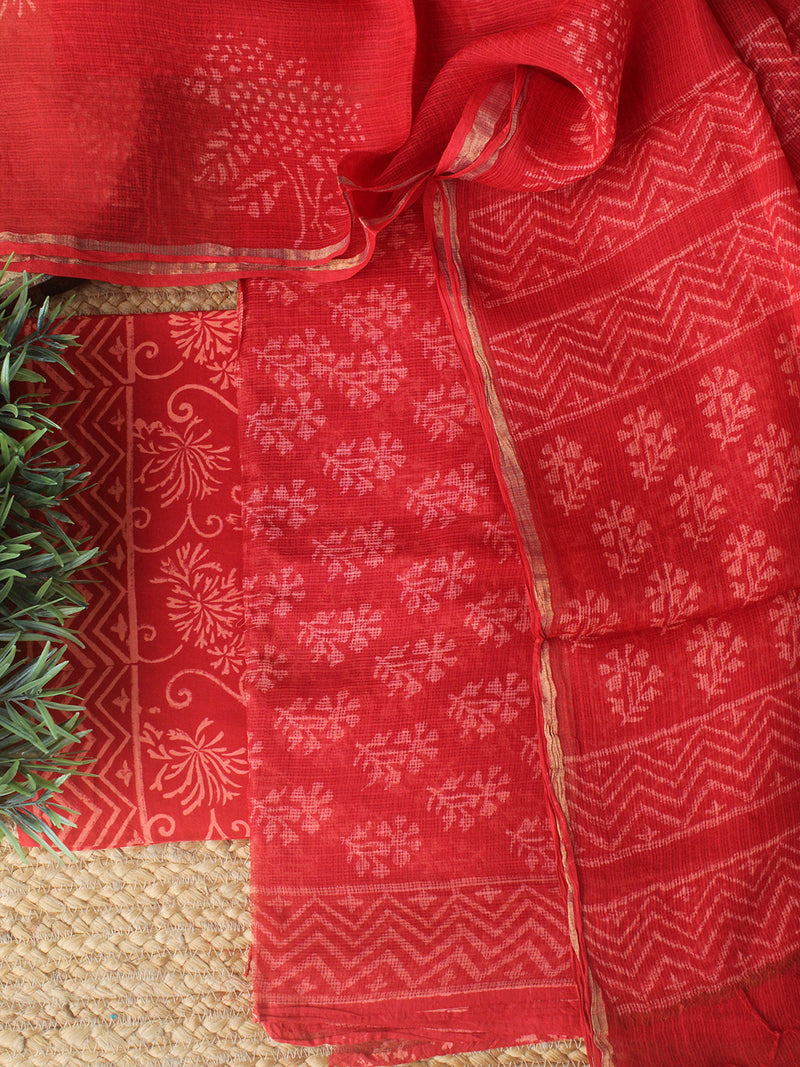 Red Bagru Hand Block Printed Kota Doria Dress Material