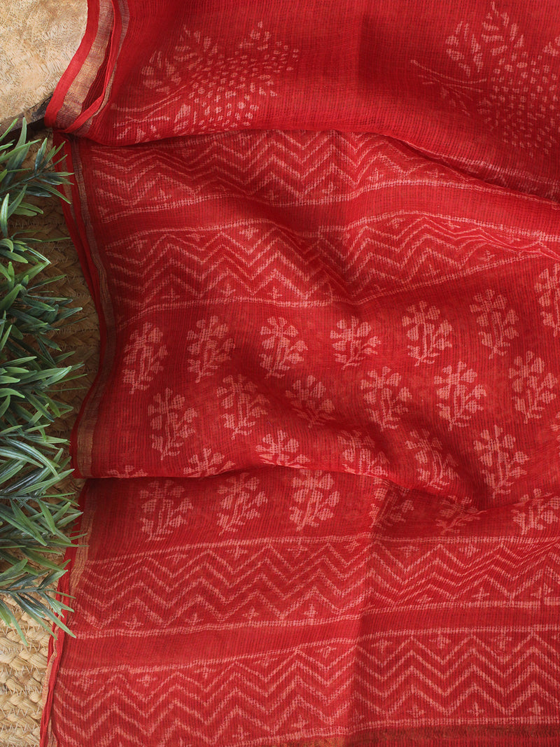 Red Bagru Hand Block Printed Kota Doria Dress Material