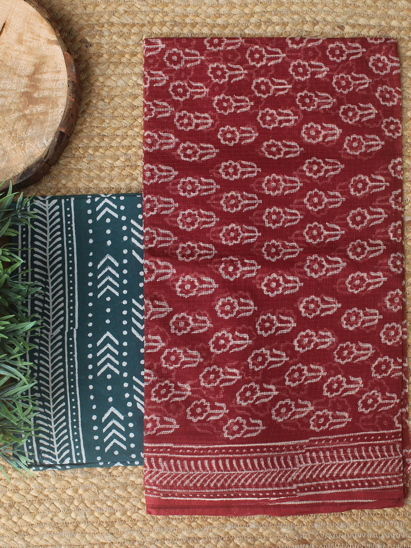 Maroon Bagru Hand Block Printed Kota Doria Dress Material