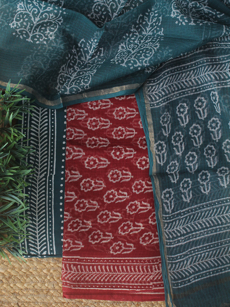 Maroon Bagru Hand Block Printed Kota Doria Dress Material