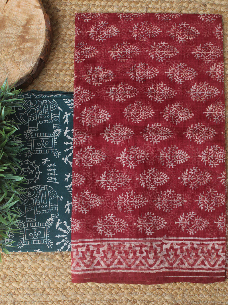 Maroon Bagru Hand Block Printed Kota Doria Dress Material