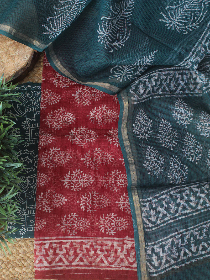 Maroon Bagru Hand Block Printed Kota Doria Dress Material