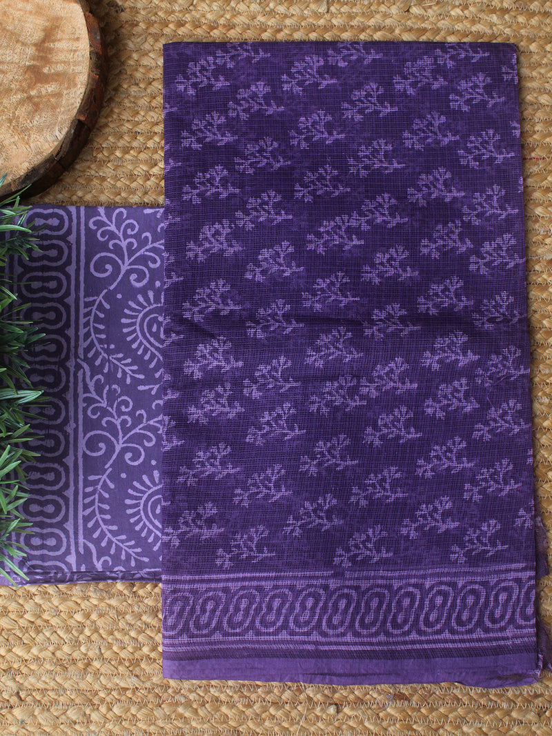 Purple Ombre Bagru Hand Block Printed Kota Doria Dress Material