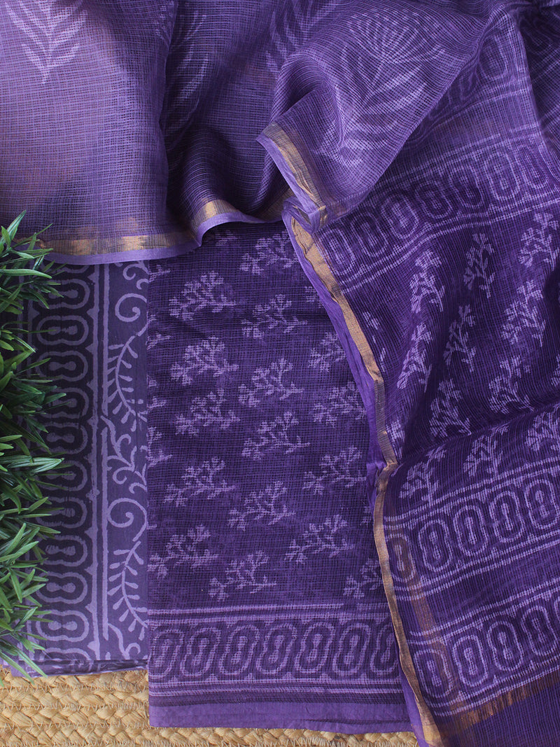 Purple Ombre Bagru Hand Block Printed Kota Doria Dress Material