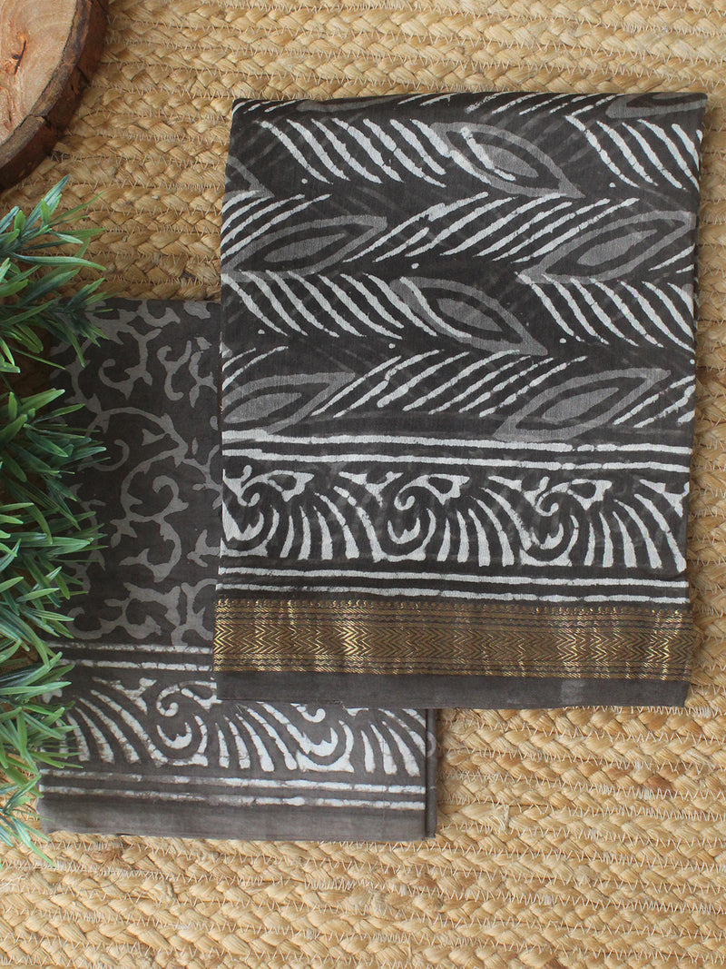 Grey (Kashish) Bagru Hand Block Printed Maheshwari Dress Material