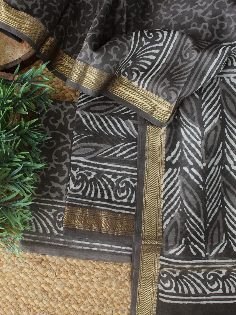 Grey (Kashish) Bagru Hand Block Printed Maheshwari Dress Material