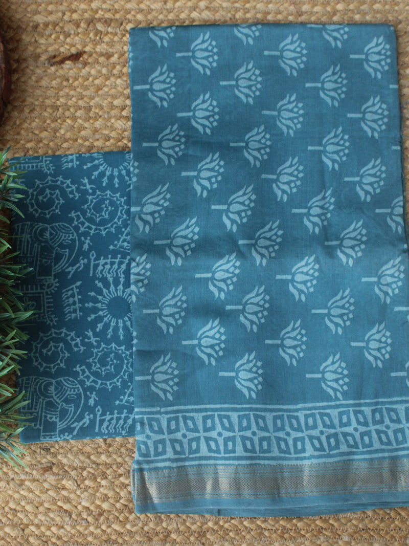 Blue Bagru Hand Block Printed Maheshwari Dress Material