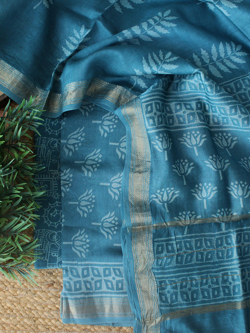 Blue Bagru Hand Block Printed Maheshwari Dress Material