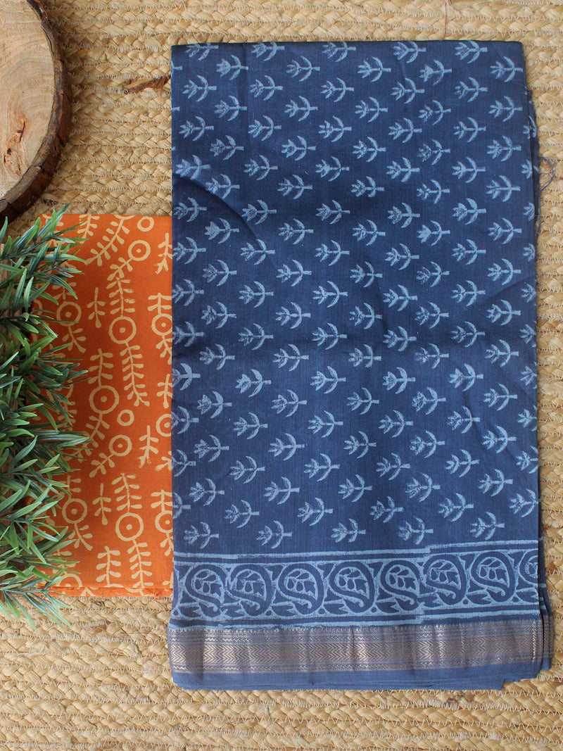 Blue and Orange Bagru Hand Block Printed Maheshwari Dress Material