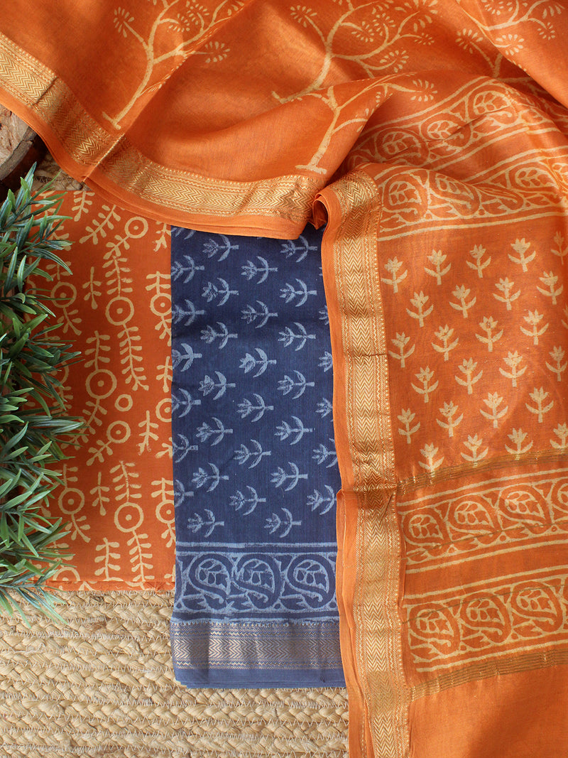 Blue and Orange Bagru Hand Block Printed Maheshwari Dress Material