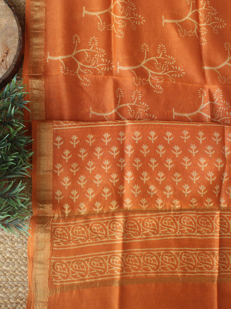 Blue and Orange Bagru Hand Block Printed Maheshwari Dress Material