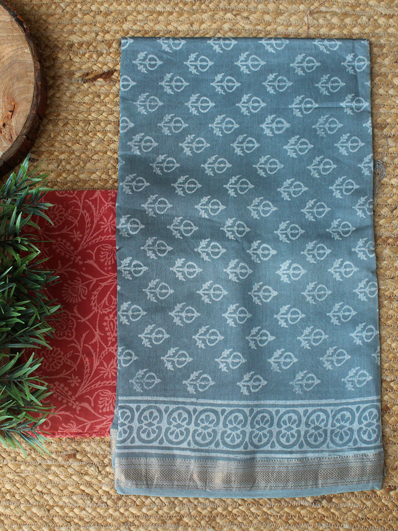 Grey and Red Bagru Hand Block Printed Maheshwari Dress Material