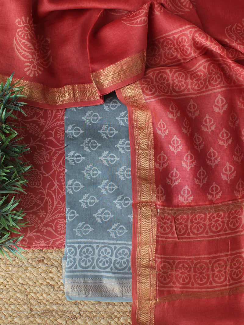 Grey and Red Bagru Hand Block Printed Maheshwari Dress Material