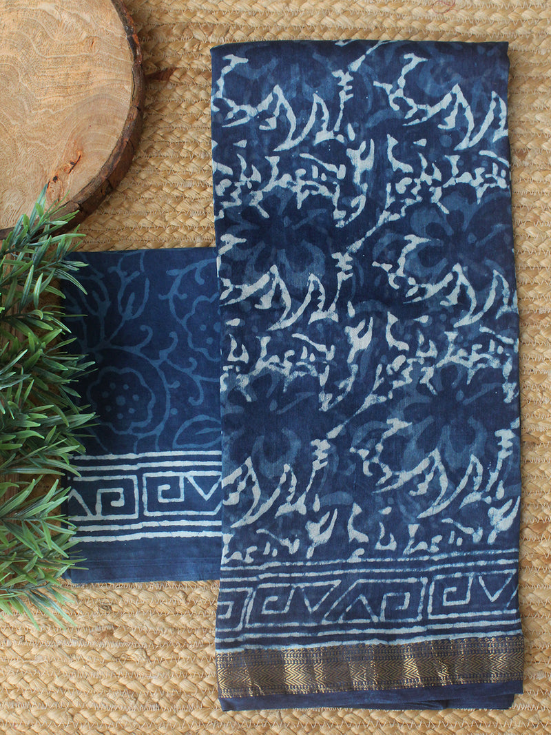 Indigo Bagru Hand Block Printed Maheshwari Dress Material