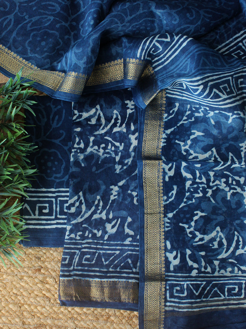 Indigo Bagru Hand Block Printed Maheshwari Dress Material
