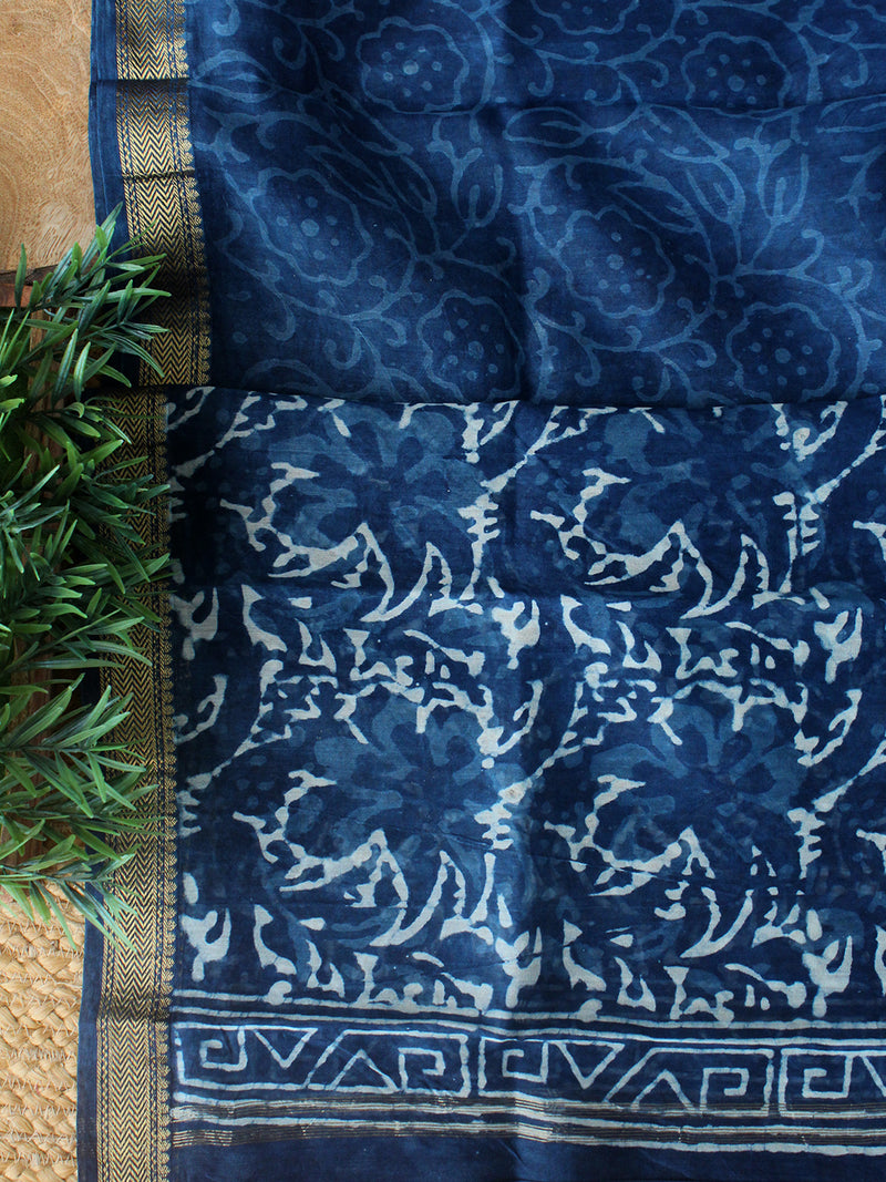 Indigo Bagru Hand Block Printed Maheshwari Dress Material