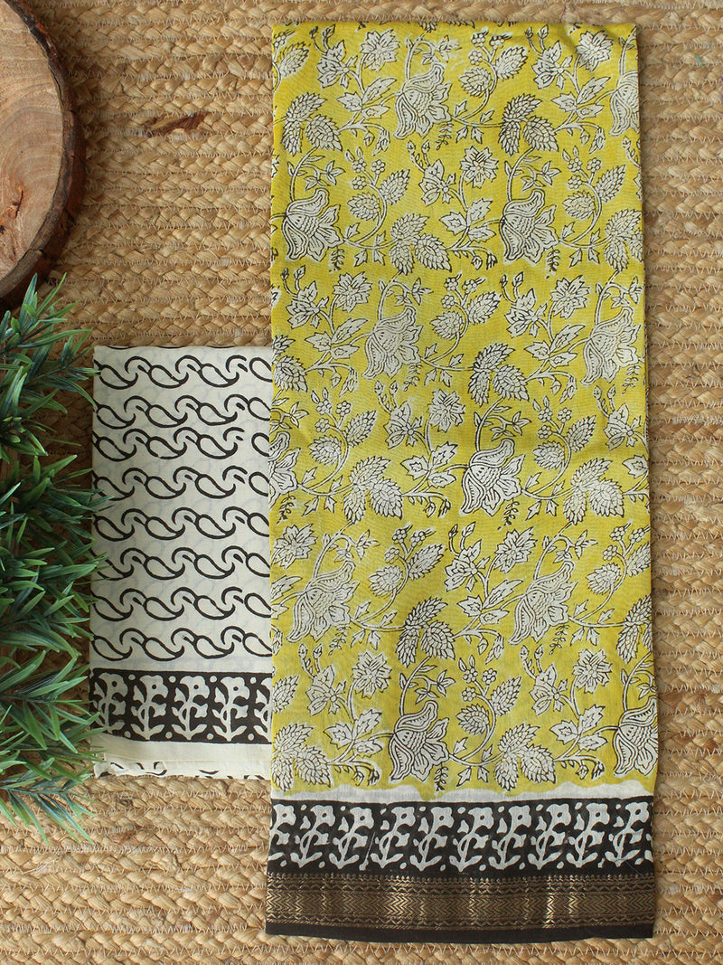 Yellow Bagru Hand Block Printed Maheshwari Dress Material