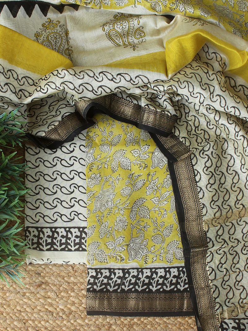 Yellow Bagru Hand Block Printed Maheshwari Dress Material