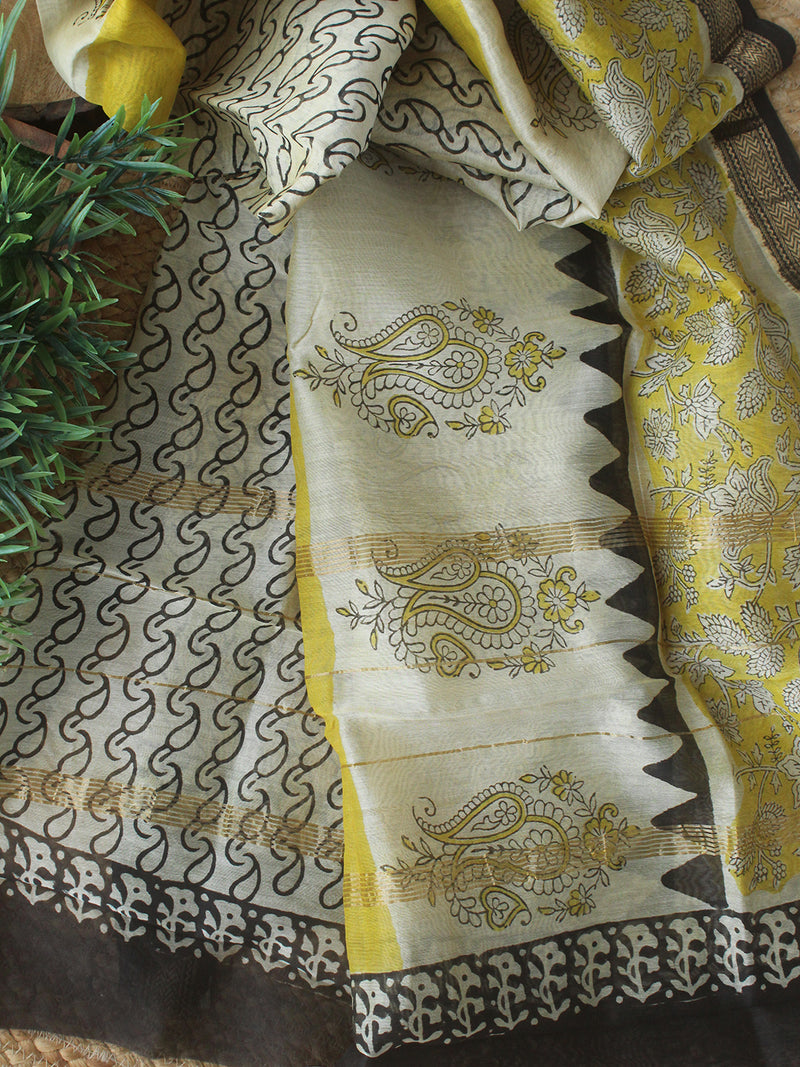 Yellow Bagru Hand Block Printed Maheshwari Dress Material
