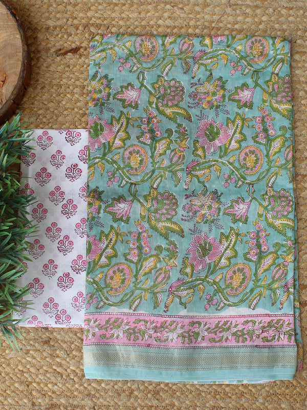 Sea Green Bagru Hand Block Printed Maheshwari Dress Material