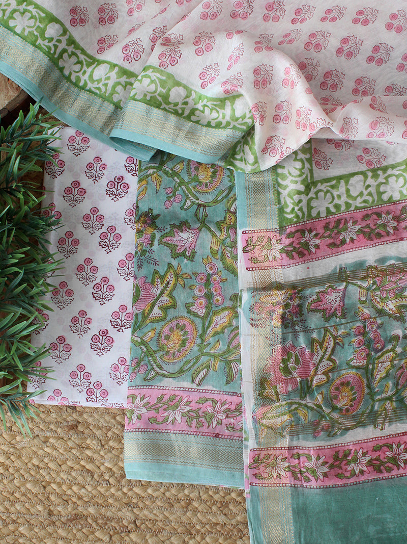 Sea Green Bagru Hand Block Printed Maheshwari Dress Material