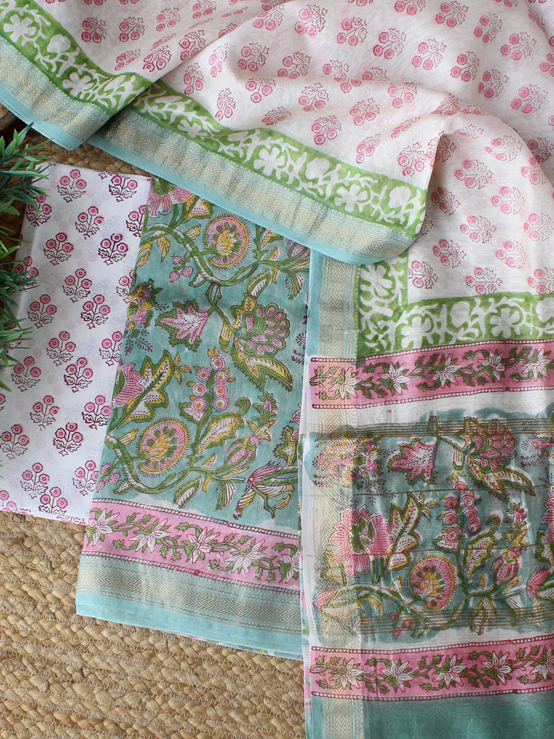 Sea Green Bagru Hand Block Printed Maheshwari Dress Material