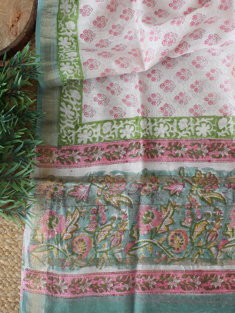 Sea Green Bagru Hand Block Printed Maheshwari Dress Material