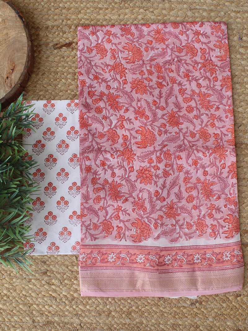 Peach Bagru Hand Block Printed Maheshwari Dress Material