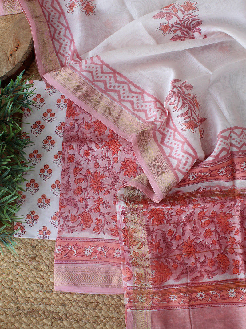 Peach Bagru Hand Block Printed Maheshwari Dress Material
