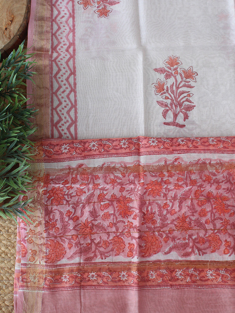 Peach Bagru Hand Block Printed Maheshwari Dress Material