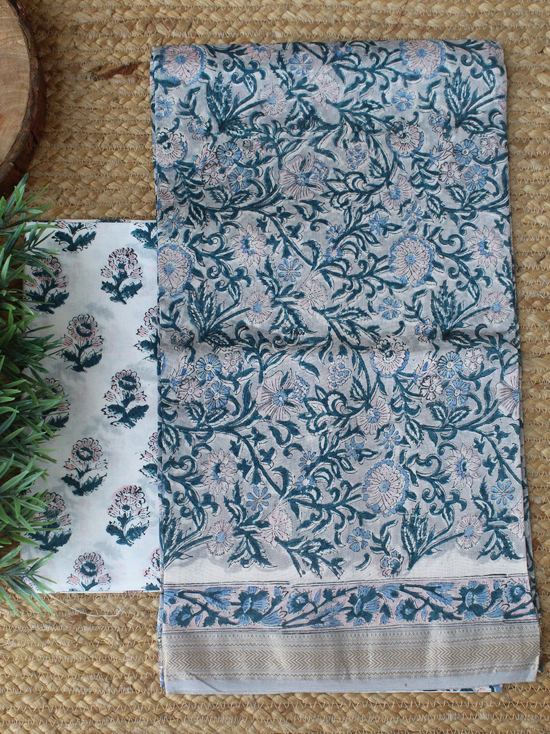 Grey Bagru Hand Block Printed Maheshwari Dress Material