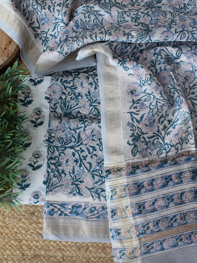 Grey Bagru Hand Block Printed Maheshwari Dress Material